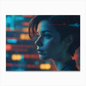 Cyberpunk Style Portrait Of A Woman With Short Hair, Illuminated By Neon Light, With Digital Interface Elements Overlay Canvas Print