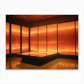 Abstract Digital Image Of A Room With Five Large Screens Displaying A Fiery, Orange Landscape With Vertical Beams Of Light, Creating A Dramatic And Futuristic Atmosphere Canvas Print