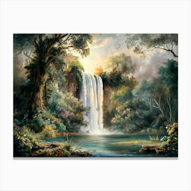 Majestic Waterfall Forest with Flowers Painting #5 Canvas Print