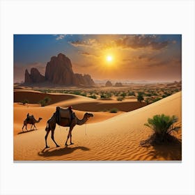 Default Fantasy Desert With Oasis Camels Sun Is At Down Mas 0 Canvas Print