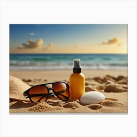 Hat, Sunglasses And Sunscreen On The Beach Canvas Print