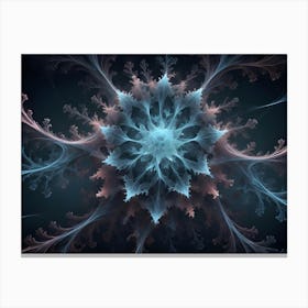 Intricate, Frosty Blue And Pink Fractal Resembling A Snowflake Or A Blooming Flower On A Dark Background Canvas Print