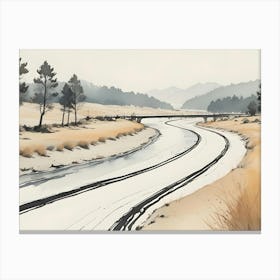 A Watercolor Painting Of A River Winding Through A Valley With Mountains In The Background 1 Canvas Print