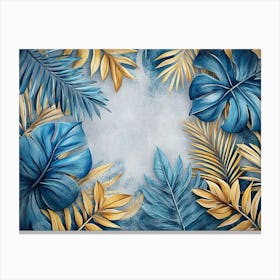 Blue Vintage Tropical Leaves In Seamless Border Design 1 Canvas Print