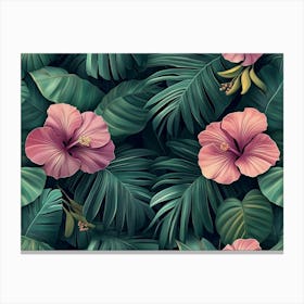 Tropical Seamless Pattern With Hibiscus Flowers, Beautiful Palm, Banana Leaves 2 Canvas Print