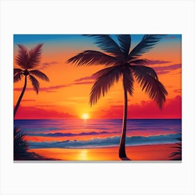 A Tranquil Beach At Sunset Horizontal Illustration 3 Canvas Print