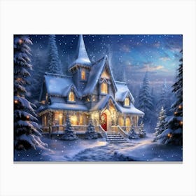 Magical Christmas House Nestled At The Edge Of A Snowy Forest Twinkling Lights Peeking Through The Canvas Print