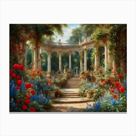 Geraniums red, and Delphiniums, blue Canvas Print