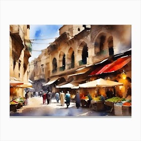 Watercolor Of A Mediterranean Market Canvas Print