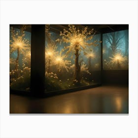 A Captivating Image Of Glowing, White, Crystal Like Flowers Growing In A Glass Enclosure, With A Misty Forest Backdrop Canvas Print