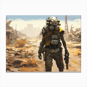 Cybernetic wanderer, adorned with futuristic armor and armed with a sleek, high-tech energy rifle Canvas Print