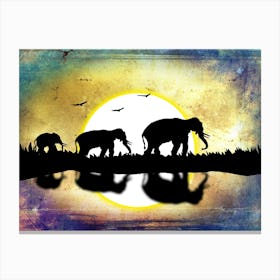 Silhouette Of Elephants At Sunset Canvas Print