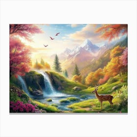 Nature Countryside View Valley Meadow Beautiful Place Background with Mountains, Deer and Flowers Canvas Print