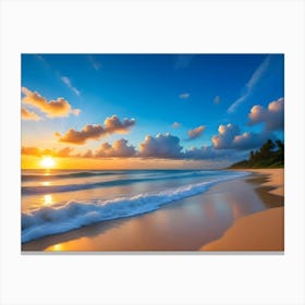 Tropical Beach Sunset With Golden Light And Clouds Canvas Print