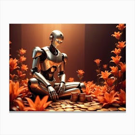 A Silver, Metallic Robot Sits In A Meditative Pose On A Bed Of Golden Coins, Surrounded By Orange Lily Flowers Canvas Print