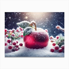 Red Apple in the white snow, winter theme Canvas Print