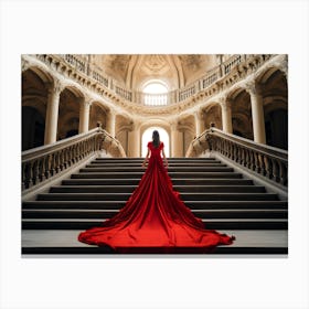 Woman In A Red Dress. Stairway Seduction: A Woman's Stride in Red. Red Dress Rendezvous: A Woman's Staircase Stride. Elegance Canvas Print