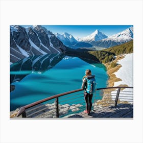 Woman trekking at snowy winter Alps, Rocky Mountains 7 Canvas Print