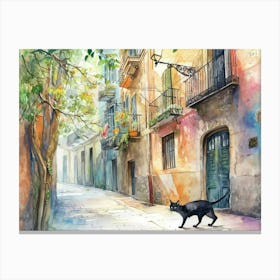 Barcelona, Spain   Black Cat In Street Art Watercolour Painting 4 Canvas Print