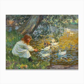 Playmates 1901 by Dorothea Sharp (Little Girl Feeding the Ducks) An impressionist style oil painting depicting two girls feeding ducks by a sunlit lake. Known for her vibrant use of color and light, Sharp captures a carefree, nostalgic moment. First shown at the Royal Academy, the original is now in a private collection. Canvas Print