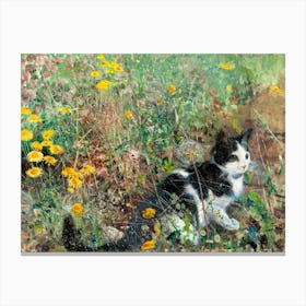 Cat on a Flowery Meadow 1887 by Bruno Liljefors HD Black and White Cat in Wildflowers Canvas Print