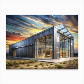 Modern Industrial Building With Glass Facade And Sunset Sky Canvas Print