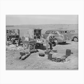 Camp Cook At Work With Chuck Wagon In Center And Truck For Carrying Bed Rolls At Left, Cattle Ranch Near Marfa, Texas By Canvas Print