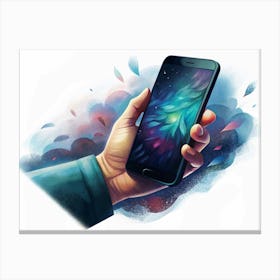 Hand Holding A Smartphone With A Colorful Nebula On The Screen Canvas Print