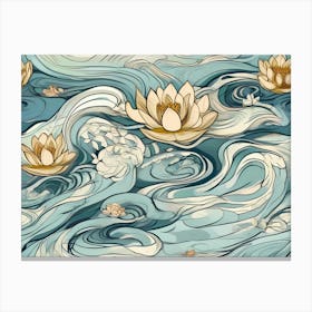 Lotus Flowers In A Lake With Stormy Abstract Water Movements - Minimal Color Painting Canvas Print