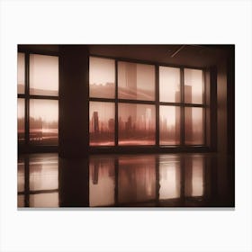 An Empty Room With Large Windows Showing A City Skyline At Dusk, With A Red Hue And Digital Glitch Effects Canvas Print