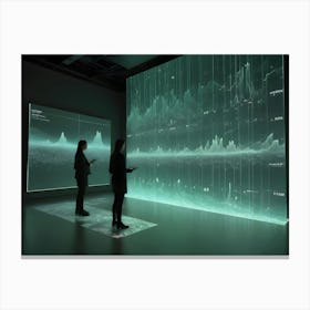 Two Women Are Standing In A Dark Room, Looking At A Large Screen That Displays Abstract, Green Data Visualizations Canvas Print