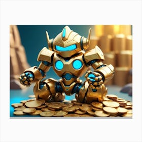 A Golden Robot With Blue Lights Sits On A Pile Of Gold Coins, Creating A Humorous And Whimsical Scene Canvas Print