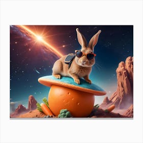 A Rabbit Wearing Sunglasses Sits Atop A Futuristic Flying Saucer That Resembles A Carrot Canvas Print