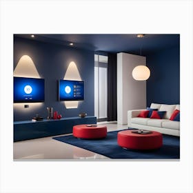 A Modern Living Room Interior With A Navy Blue Wall, White Sofa, And Red Accents Canvas Print