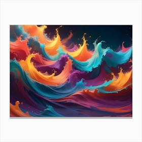 Abstract Artwork Depicting A Vibrant Explosion Of Colorful, Liquid Waves In Orange, Blue, Purple, And Yellow Hues Against A Dark Background Canvas Print