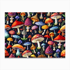 Seamless Pattern Of Colorful Mushrooms On Dark Background Canvas Print