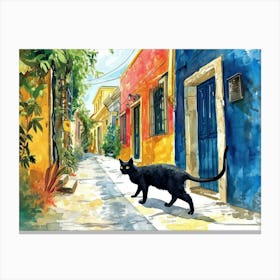 Heraklion, Greece   Cat In Street Art Watercolour Painting 2 Canvas Print