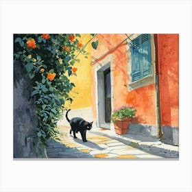 Black Cat In Rimini, Italy, Street Art Watercolour Painting 2 Canvas Print