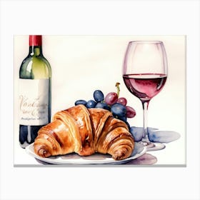 Croissant and Wine watercolor painting 8 Canvas Print