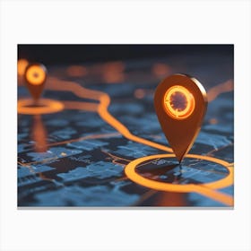 Location Pins On A Map With Glowing Lines, Indicating Routes And Navigation Canvas Print