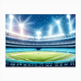 Wide Angle View Of A Vibrant And Illuminated Baseball Stadium During A Game At Night, With Fireworks And Confetti Canvas Print