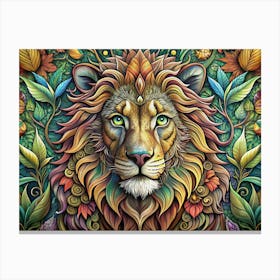 A Lion S Head With Vibrant, Colorful Floral Patterns And Green Leaves Canvas Print