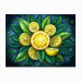 Lemon Slices With Green Leaves On A Dark Blue Background Canvas Print