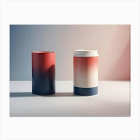 Two Colorful Cans With Gradient Designs On A White Surface Against A Blue And Pink Background Canvas Print