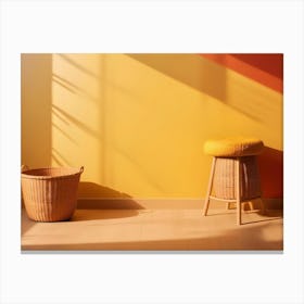 Two Wicker Baskets And A Wicker Stool Stand Against A Yellow And Orange Wall Canvas Print