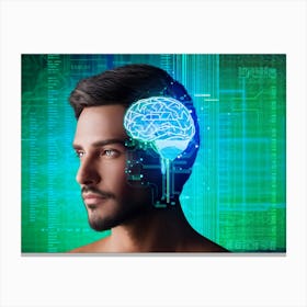 Abstract Portrait Of A Cyborg Man With A Human Profile Merging Into A Cubic Brain Showcasing The Co Canvas Print