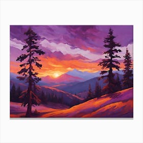 Impressionistic Winding Mountain Range, Sunset, Purple And Orange Hues, Pine Trees In The Foreground, Low Angle Perspective Canvas Print