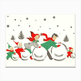 Whole Family Rolling Snowballs, Funny Greeting Canvas Print