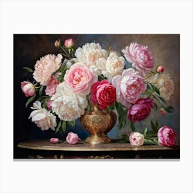 Vase Brimming With Fully Bloomed Roses And Peonies Petals Open To Their Full Magnificence Position Canvas Print