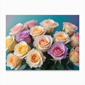 Bouquet Of Colorful Roses In Various Shades Of Pink, Peach, And Yellow, With Green Leaves, Against A Blue Background Canvas Print